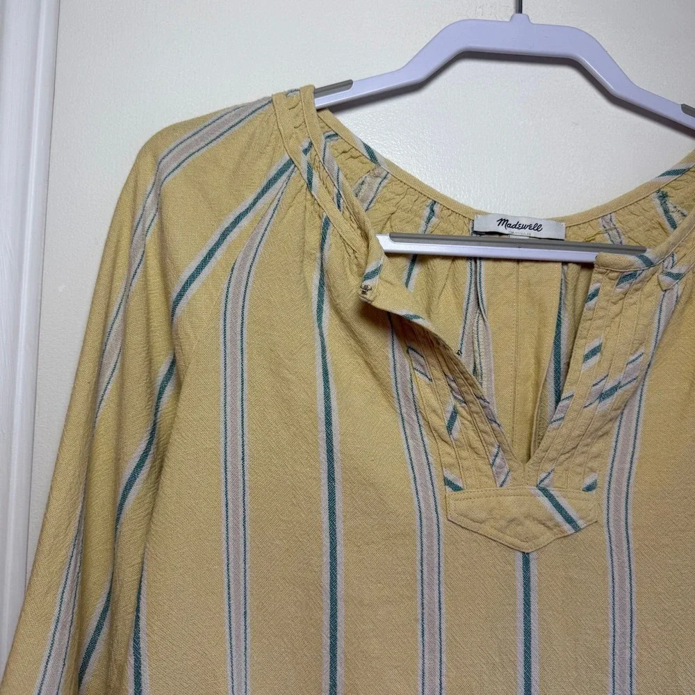 Madewell Yellow Striped Linen Blend Tunic Shirt Top Women's XS Split Back Ties